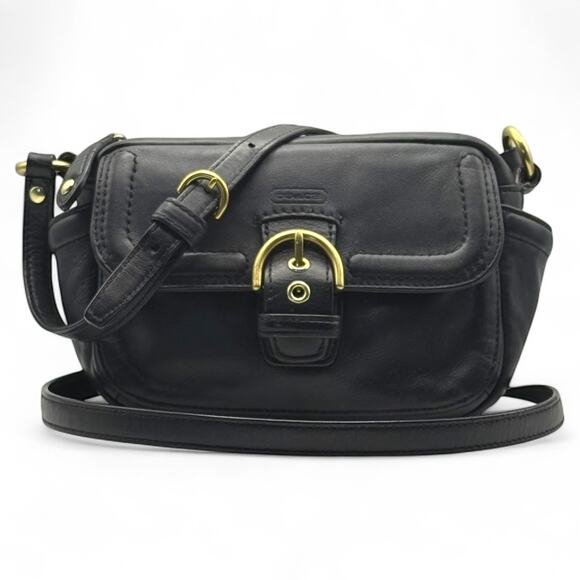 COACH F25150 Campbell Black Leather Crossbody Camera Bag Brass - Picture 1 of 9